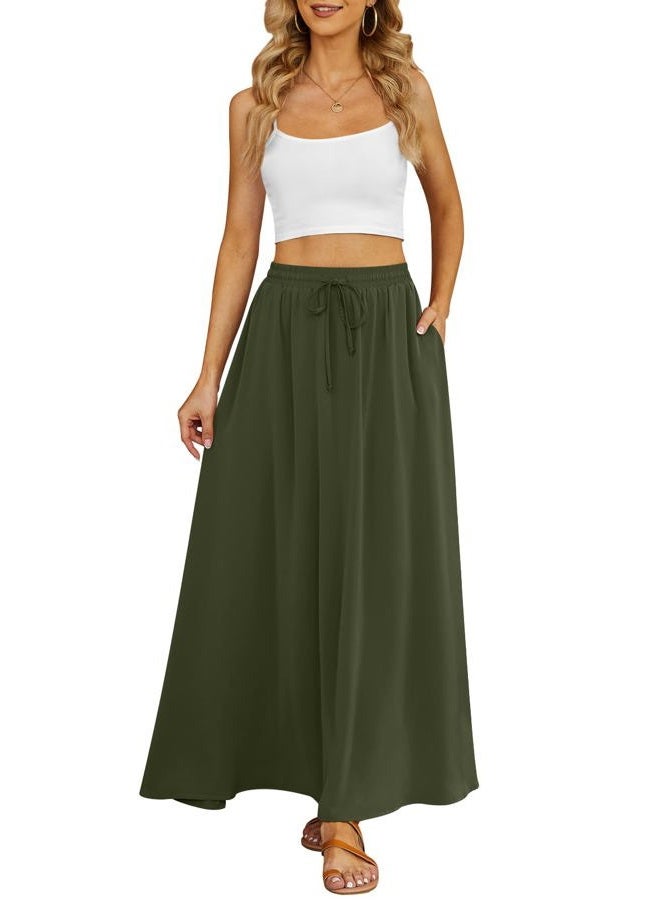 Yincro Women's Flowy Maxi Skirt Summer Pleated High Waisted Casual Long Skirts with Pockets, Army Green, S - Image 3