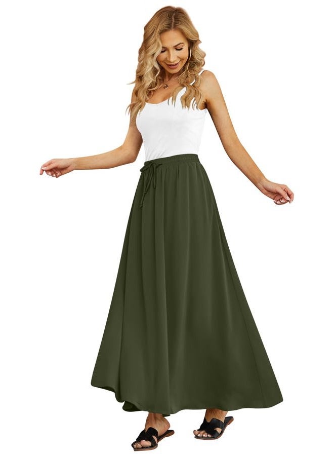 Yincro Women's Flowy Maxi Skirt Summer Pleated High Waisted Casual Long Skirts with Pockets, Army Green, S - Image 2