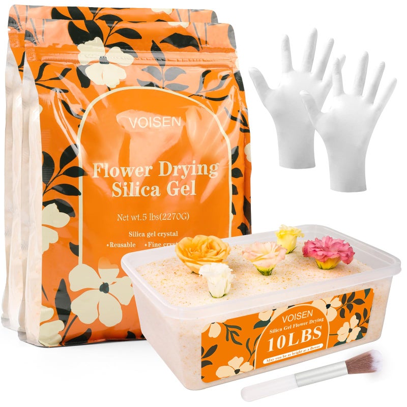 VOISEN Silica Gel Flower Drying, 10LBS Silica Gel for Drying Flowers,Color Indicating Flower Preservation Kit Contains Flowers Desiccant, Brush, Gloves, Plastic Box - Image 1