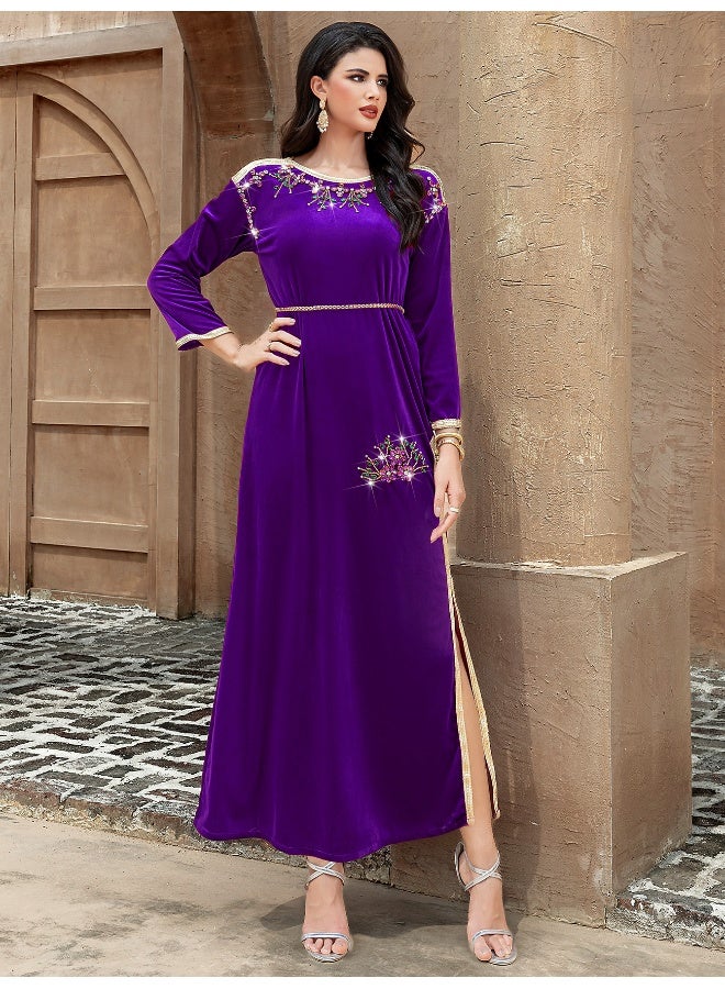 Madam Uniq Elegant Purple Velvet Hand-Sewn Rhinestone Dress with Gold Straps - Image 1