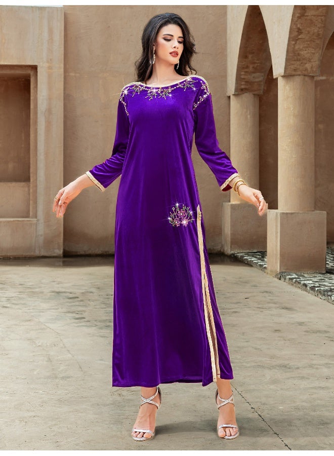 Madam Uniq Elegant Purple Velvet Hand-Sewn Rhinestone Dress with Gold Straps - Image 3