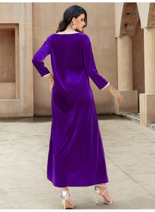Madam Uniq Elegant Purple Velvet Hand-Sewn Rhinestone Dress with Gold Straps - Image 2