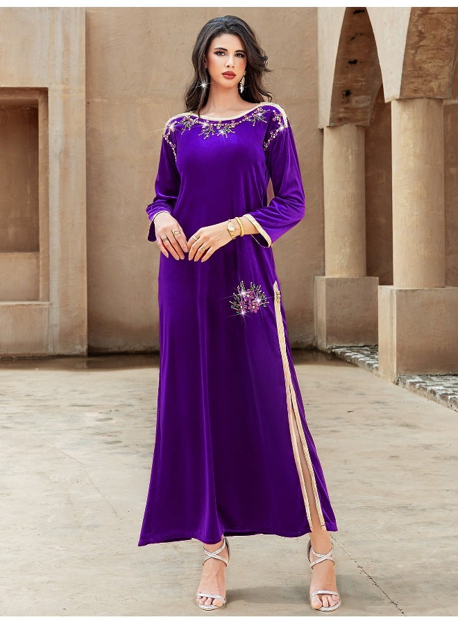 Madam Uniq Elegant Purple Velvet Hand-Sewn Rhinestone Dress with Gold Straps - Image 5