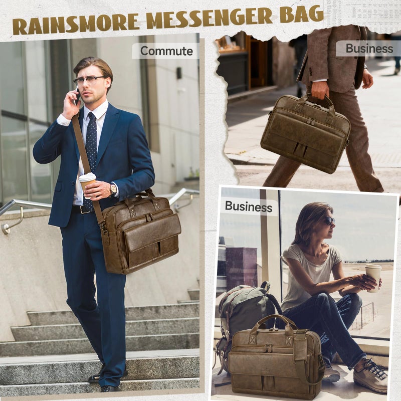 RAINSMORE Mens Laptop Bag PU Leather Messenger Bag 15.6 Inch Briefcase for Men Vintage Computer Satchel Shoulder Bag for Work, Business,Travel, Office, Dark Brown - Image 2