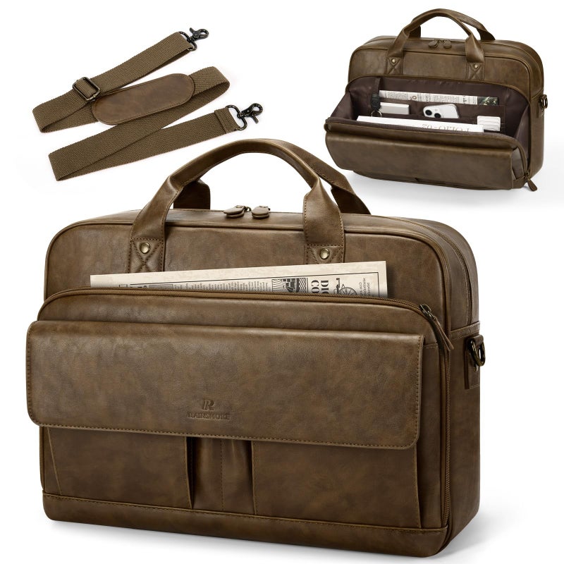 RAINSMORE Mens Laptop Bag PU Leather Messenger Bag 15.6 Inch Briefcase for Men Vintage Computer Satchel Shoulder Bag for Work, Business,Travel, Office, Dark Brown - Image 1