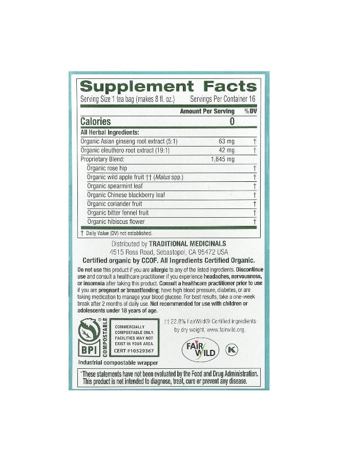 Traditional Medicinals Traditional Medicinals, Organic Stress Ease Focus, Ginseng Wild Apple Mint, Caffeine Free, 16 Wrapped Tea Bags, 0.99 oz (28 g)  - Image 2