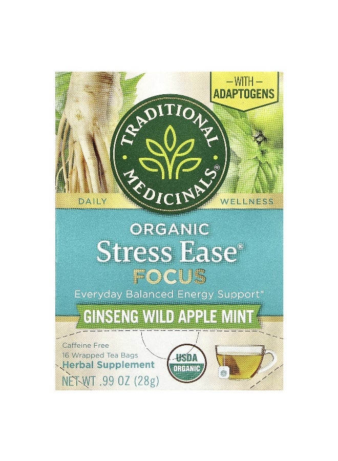 Traditional Medicinals Traditional Medicinals, Organic Stress Ease Focus, Ginseng Wild Apple Mint, Caffeine Free, 16 Wrapped Tea Bags, 0.99 oz (28 g)  - Image 1