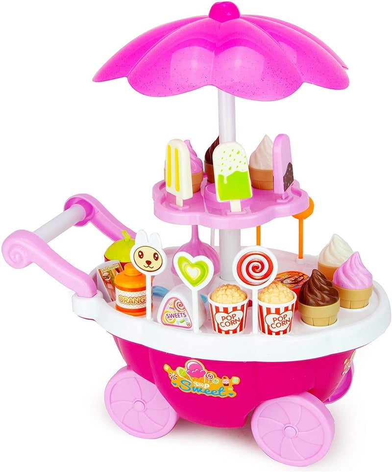 LONGMIRE Plastic 42 Pcs Big Size Kitchen Playset | Musical & Light Kitchen Set Toy for Kids with Sound and Accessories Set for 4 Year Old (Pink Ice Cream Trolley) - Image 1