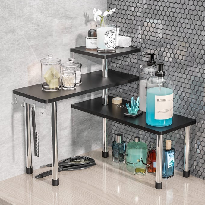 BATHROOM COUNTER ORGANIZER CORNER SHELF BATHROOM ORGANIZATION BAMBOO 3 TIER SPICE RACK MAKEUP ORGANIZER BOOKSHELF SPACE SAVING RACK KITCHEN OFFICE LIVING ROOM BLACK