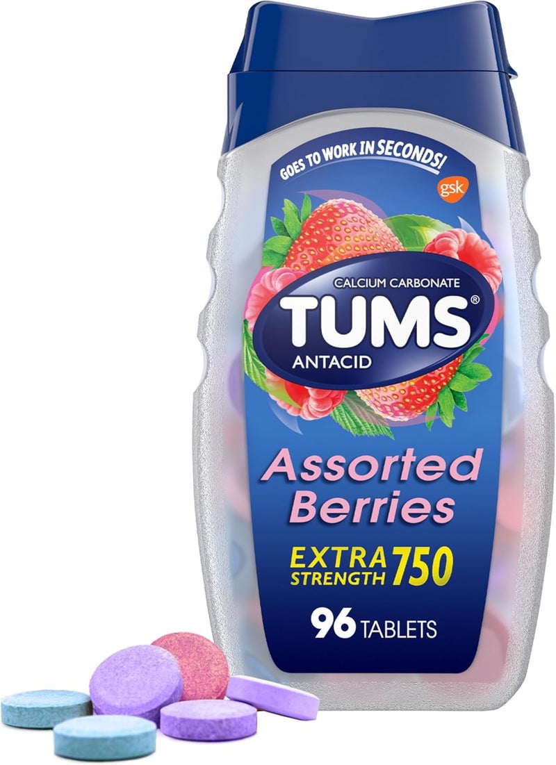 TUMS Extra Strength Assorted Berries Antacid Tablets for Heartburn Relief, 96 count - Image 1
