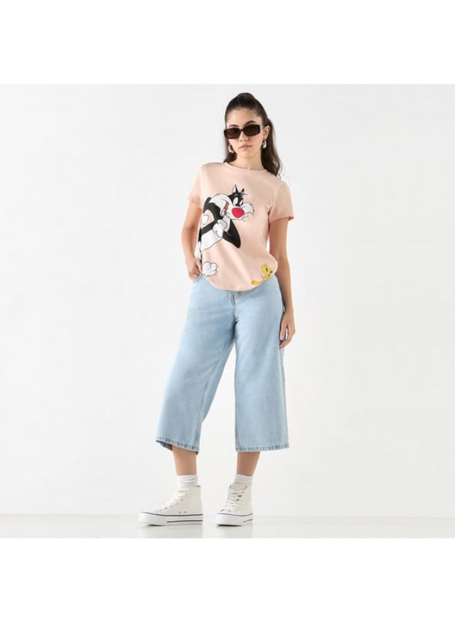 SP Characters - Sylvester and Tweety Print T-shirt with Crew Neck and Short Sleeves - Image 1