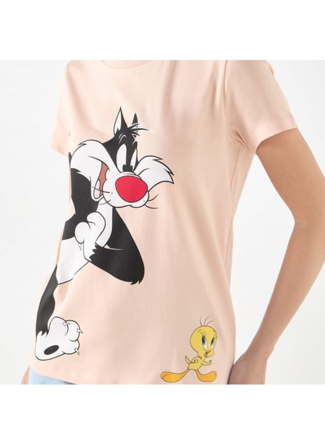 SP Characters - Sylvester and Tweety Print T-shirt with Crew Neck and Short Sleeves - Image 1
