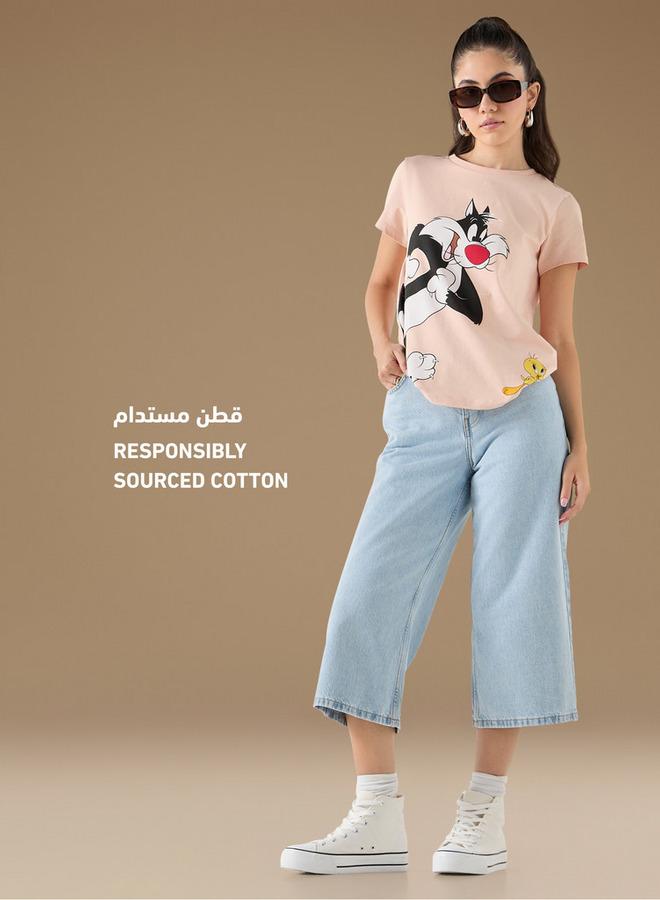 SP Characters Sylvester and Tweety Print T-shirt with Crew Neck and Short Sleeves - Image 2