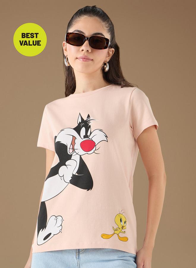 SP Characters Sylvester and Tweety Print T-shirt with Crew Neck and Short Sleeves - Image 1