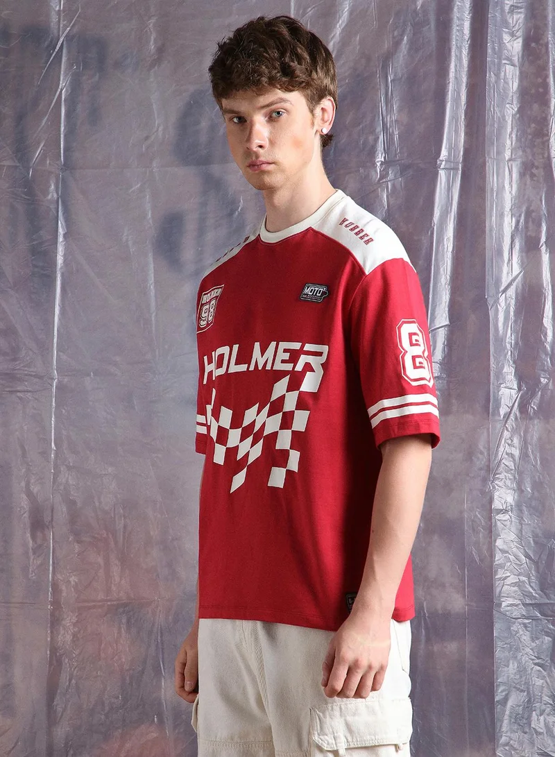 هوبرهولمي Men Moto Varsity Graphic Printed Oversized Fit T-shirt