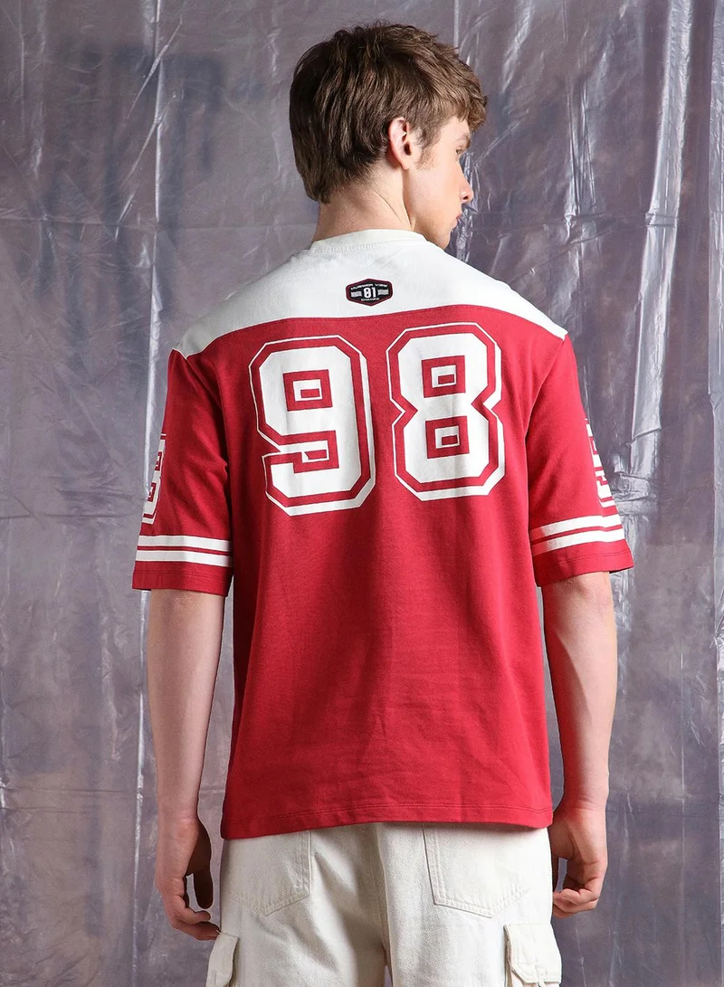 هوبرهولمي Men Moto Varsity Graphic Printed Oversized Fit T-shirt