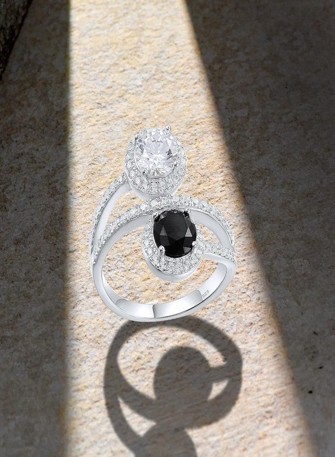 Santuzza 925 Sterling Silver Black & White Round Gemstone Ring Black Spinel White Cubic Zirconia Twisted Ring for Women (7) - Image 3