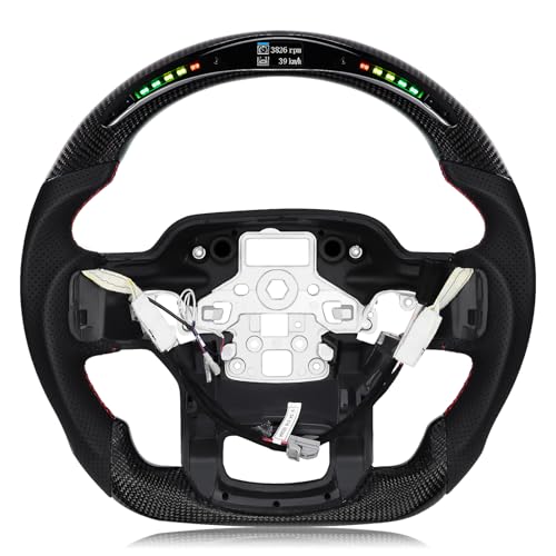 VOONKE Real Carbon Fiber Steering Wheel for Ford F150 Raptor 2021-2023,Perforated Nappa Leather Grip, with LED Display, D-Shaped Flat-bottom with Paddle Shifter Holes with Heat - Image 1