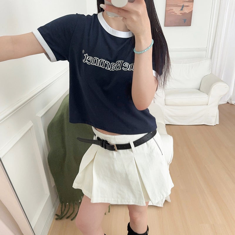 Women's Cotton Short-Sleeve T-Shirt with Contrast Collar and Letter Print - Image 4