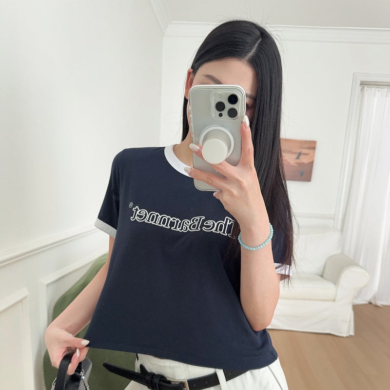 Women's Cotton Short-Sleeve T-Shirt with Contrast Collar and Letter Print - Image 3