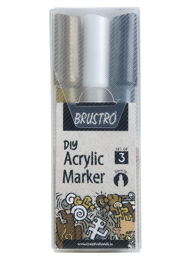 BRUSTRO مجموعة أقلام ماركر أكريليك (اصنعها بنفسك) من BRUSTRO مكونة من 3 - أسود، أبيض وذهبي | حجم الرأس - 2 مم، مقاومة للماء، تشطيب غير لامع، مقاومة للأشعة فوق البنفسجية، ألوان غير سامة | مثالية للأعمال الحرفية، تعمل على الزجاج والبلاستيك، مشاريع مدرسية - Image 1