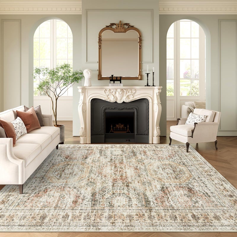 Soalmost Washable Area Rug 8x10, Large Soft Rugs for Living Room Vintage 8x10 Area Rugs for Bedroom Dining Room Non-Slip Stain Resistant Under Table Brown Pink Rug - Image 2