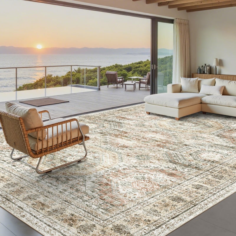 Soalmost Washable Area Rug 8x10, Large Soft Rugs for Living Room Vintage 8x10 Area Rugs for Bedroom Dining Room Non-Slip Stain Resistant Under Table Brown Pink Rug - Image 1