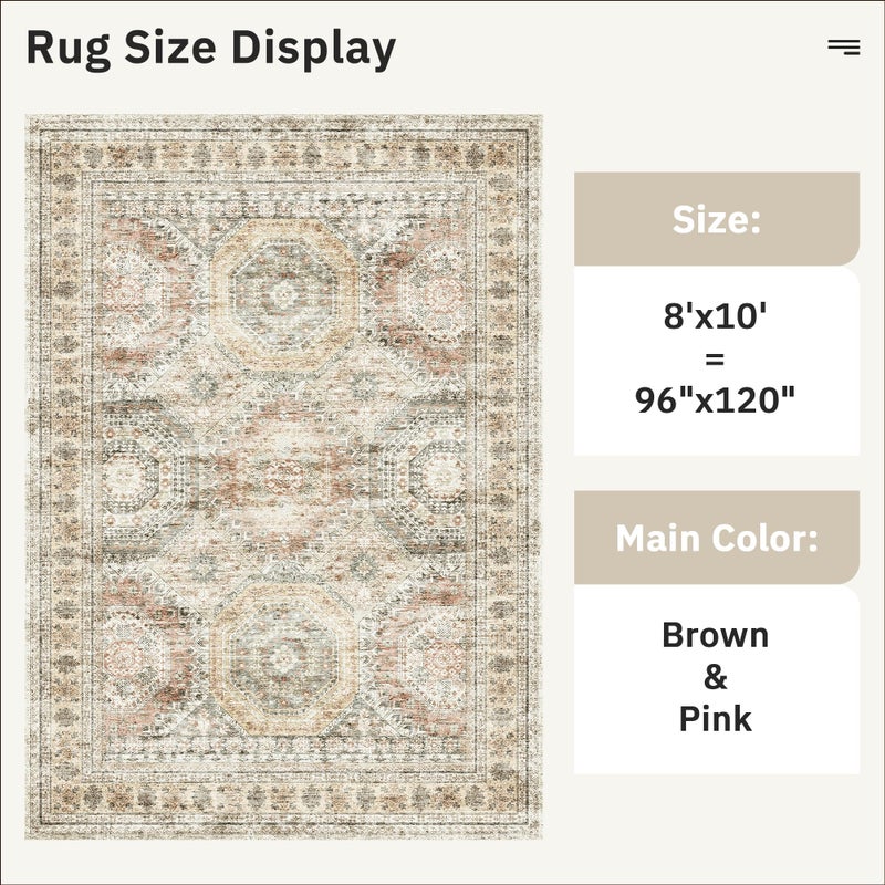 Soalmost Washable Area Rug 8x10, Large Soft Rugs for Living Room Vintage 8x10 Area Rugs for Bedroom Dining Room Non-Slip Stain Resistant Under Table Brown Pink Rug - Image 3