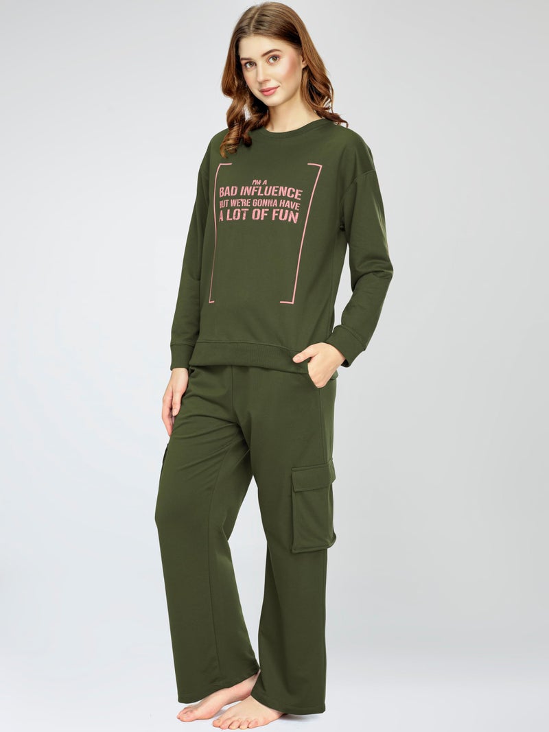 ZEYO Women's Cotton Olive Greeen Track Night Suit Typography Printed Sweatshirt Co-Ords Set 5825 - Image 4