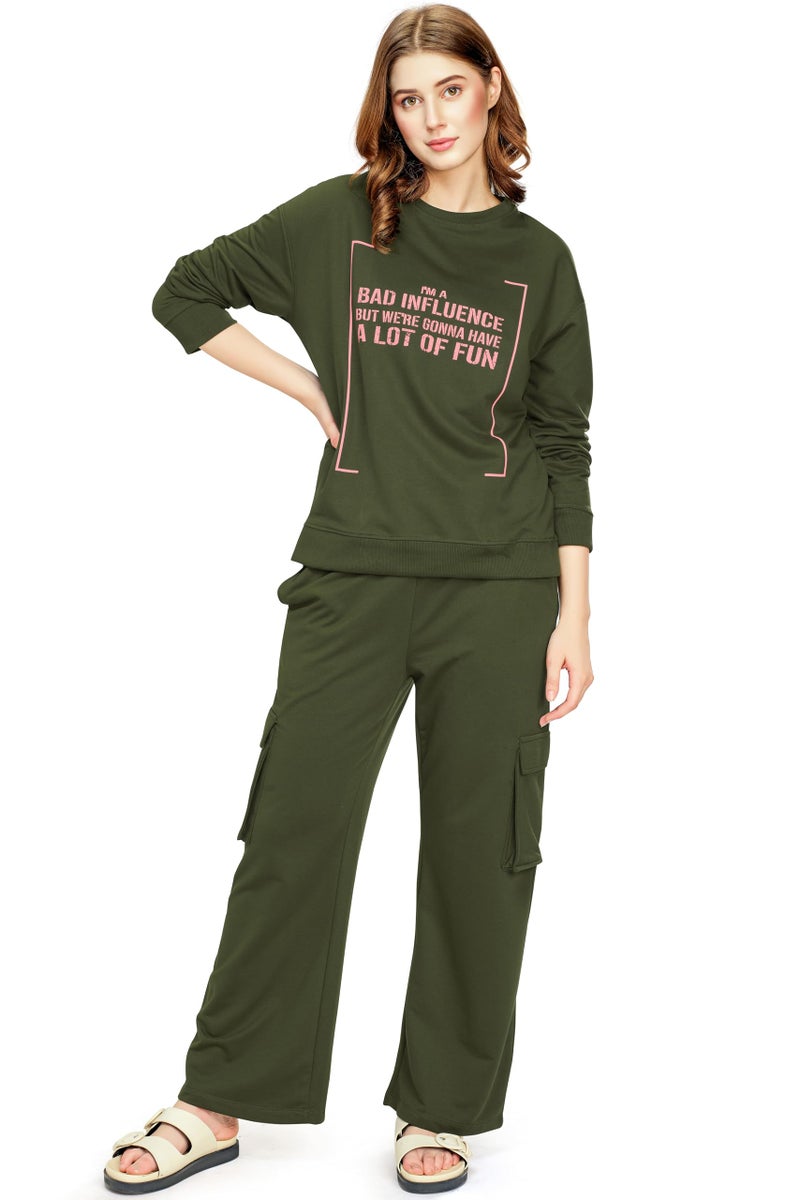 ZEYO Women's Cotton Olive Greeen Track Night Suit Typography Printed Sweatshirt Co-Ords Set 5825 - Image 1