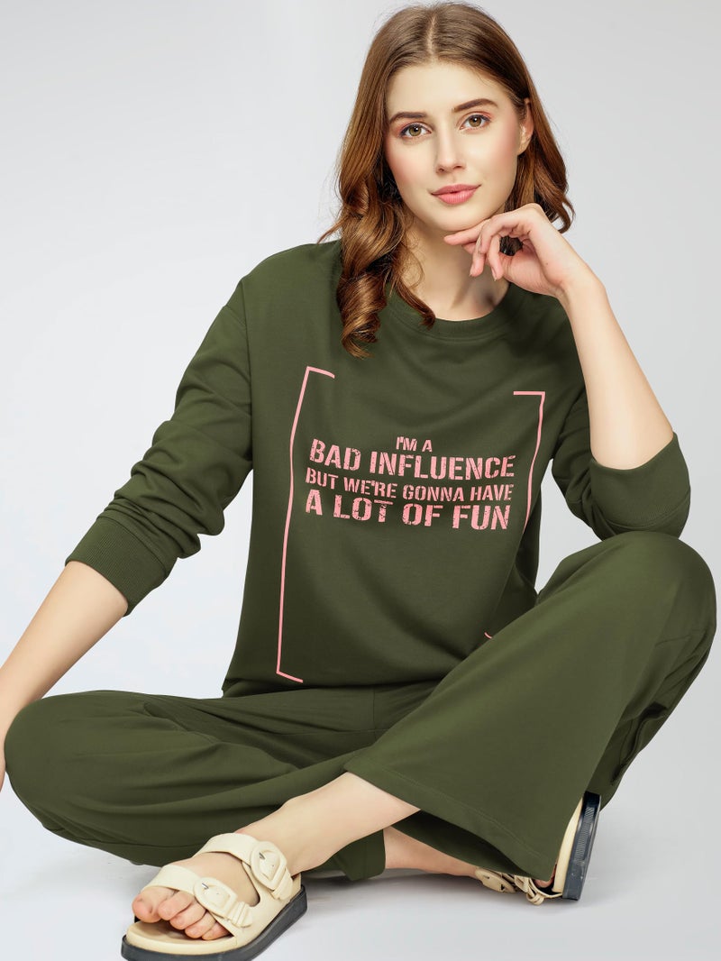 ZEYO Women's Cotton Olive Greeen Track Night Suit Typography Printed Sweatshirt Co-Ords Set 5825 - Image 3