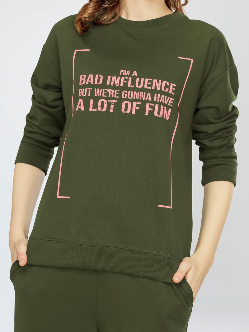 ZEYO Women's Cotton Olive Greeen Track Night Suit Typography Printed Sweatshirt Co-Ords Set 5825 - Image 2