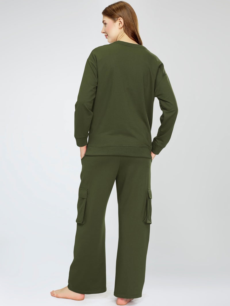 ZEYO Women's Cotton Olive Greeen Track Night Suit Typography Printed Sweatshirt Co-Ords Set 5825 - Image 5