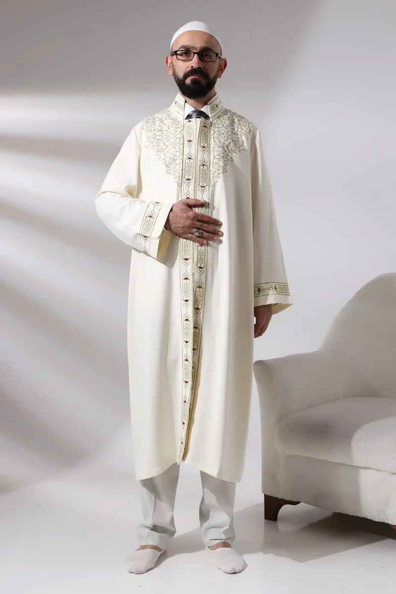 ايهفان اونلاين Ihvan Online Cream Men's Prayer Dress Judge Collar Embroidered Imam Robe