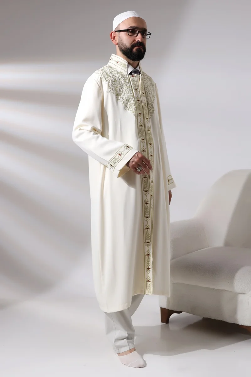 ايهفان اونلاين Ihvan Online Cream Men's Prayer Dress Judge Collar Embroidered Imam Robe