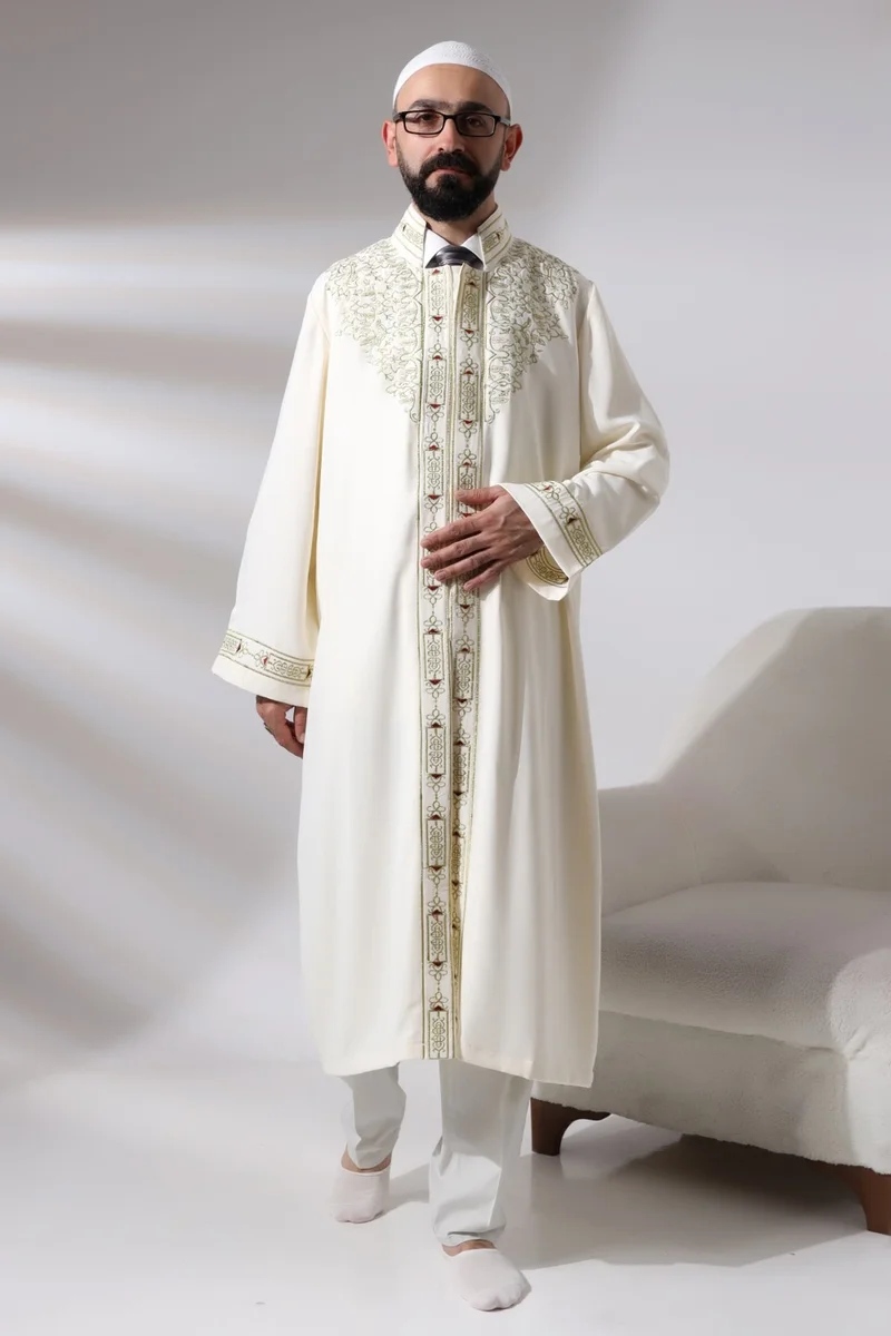 ايهفان اونلاين Ihvan Online Cream Men's Prayer Dress Judge Collar Embroidered Imam Robe