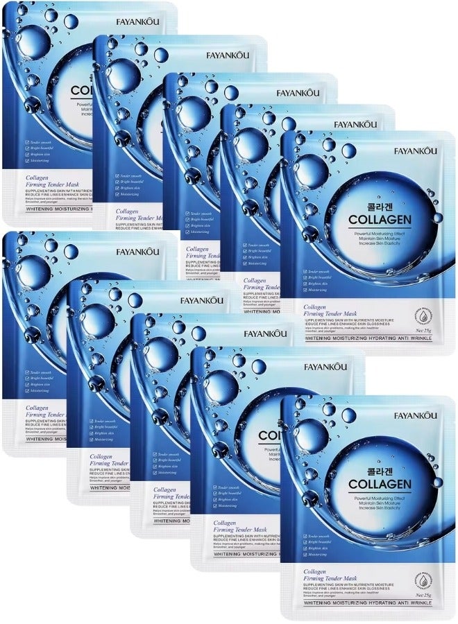 10Pcs Collagen Facial Mask Tender Smooth Brightening Moisturizing Hydrating Nourishing Firming Collagen Face Mask Sheet Reduce Fine Lines Enhance Skin Anti Wrinkle Face Mask