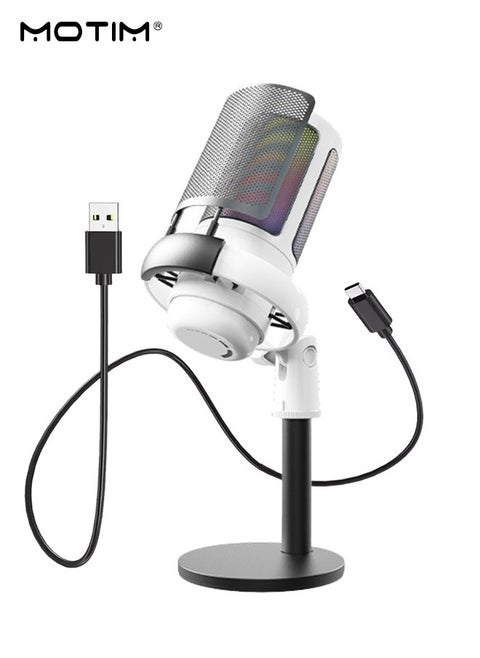 ميكروفون ألعاب USB مكثف للألعاب، تسجيل، ميكروفون كمبيوتر مكتبي مكثف على أجهزة الكمبيوتر على أجهزة الكمبيوتر الشخصية وبس 4 وبس 5 وماك، مع تحكم RGB، لمسة كتم الصوت، مقبس سماعة رأس، مرشح البوب، حامل، للألعاب، البث، البودكاست، تويتش، يوتيوب، ديسكورد