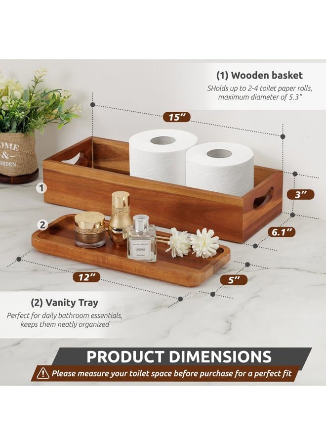 DEMIGO Handmade Toilet Tank Basket Topper & Vanity Tray Set of Natural Acacia Wood, Created by Skilled Artisans, Smooth, Durable, Attractive Decor for Bathroom, Kitchen, Home, Spa - Image 2