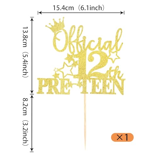 Confetti! 1pc Golden Official Pre-teen 12 Cake Topper Glitter Happy 12th Birthday Cake Pick Cheers to 12 Years Old Cake Decorations for Teen 12th Birthday Party Supplies (Gold) - Image 2