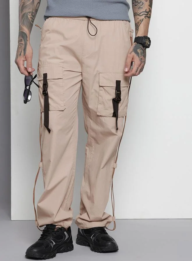 The Indian Garage Co Men Beige Relaxed Fit Utility Solid Joggers