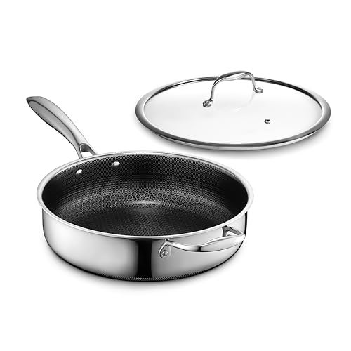 HexClad Hybrid Nonstick 3.3-Quart Deep Sauté Pan with Tempered Glass Lid, Stay-Cool Handle, Dishwasher-Friendly, Oven-Safe Up to 900°F, Induction Ready, Compatible with All Cooktops - Image 1