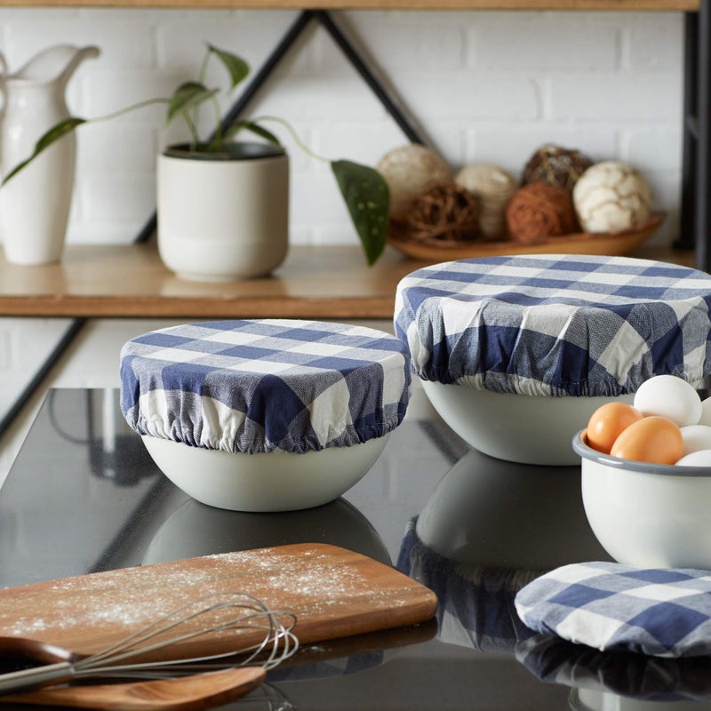 DII Reusable Cloth Bowl Cover Collection Machine Washable  Cotton with Elastic Stretch for Food Storage  10.25""/8.25""/7.5"" Diameter  Farmhouse Plaid  French Blue  3 Piece - Image 5