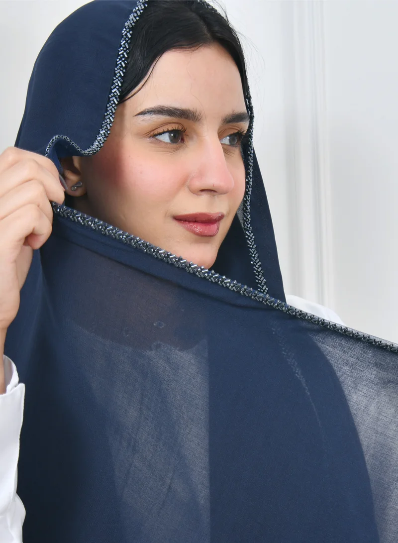 عبايات حوراء طرحه كحلية بحافة مزينة بشك كحلي فاخر