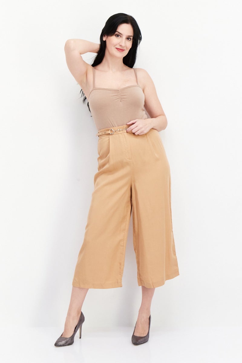 VERO MODA Women Straight Leg Plain Capri Pants, Tan - Image 2