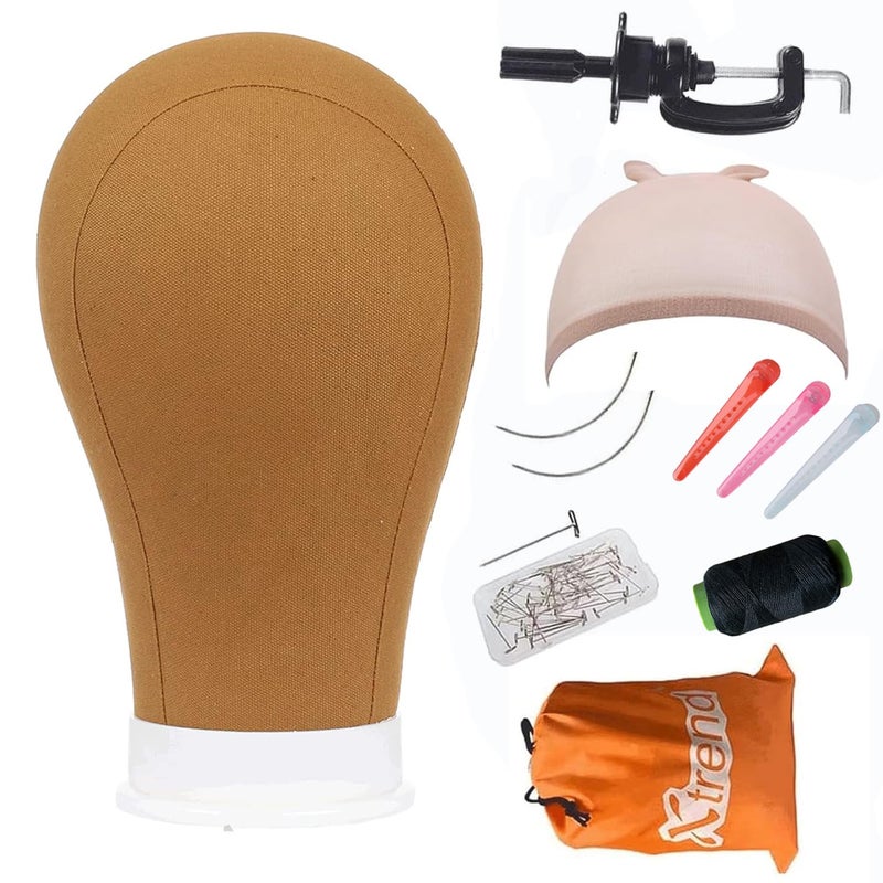 XTREND 21"-24'' Poly Canvas Block Head for Making Head Weft/Wig/Hair Extension Making Display Styling Mannequin Head with Stand Set Manikin Canvas Head Hair Accessories - Image 1