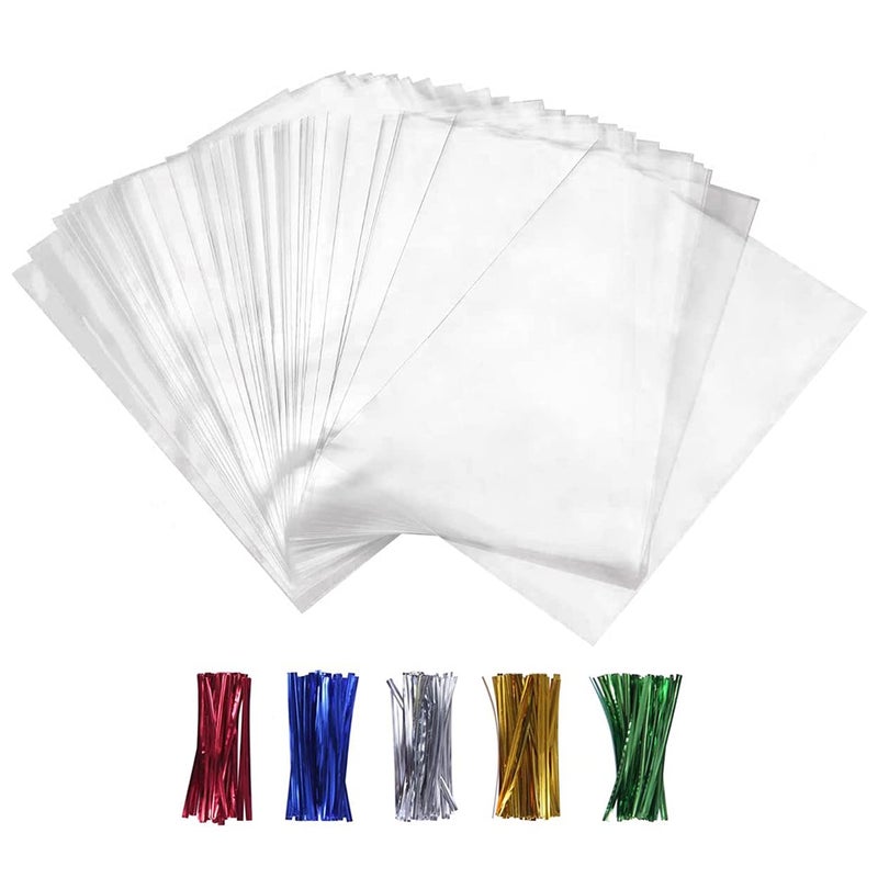 XLSFPY 100PCS Cellophane Bags Clear Plastic Cello Bags 4x6 with 4 Twist Ties 5 Mix Colors 14 mils Thick OPP Treat Bags for Gift Wrapping Packaging Decorations Storage 4 x 6