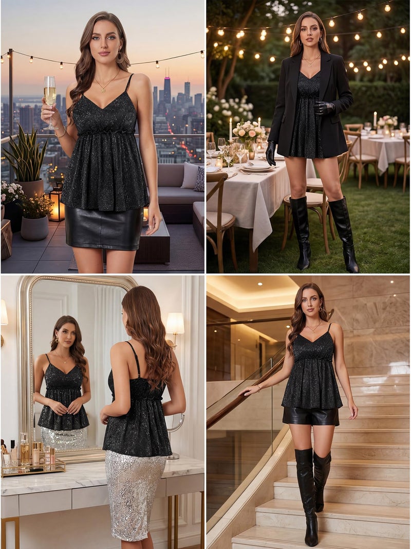 Nlife Women Sparkly Peplum Top Glitter V Neck Sleeveless Blouse Flattering Cami Shimmer Party Date Night Holiday Club Outfit - Image 5
