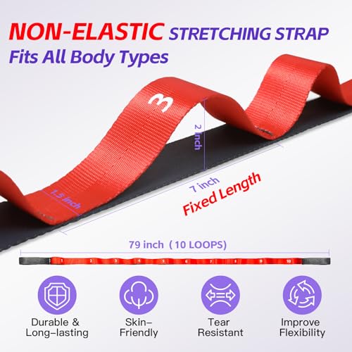 ROSAPOAR Non Elastic Stretching Strap with Loops - Yoga Straps for Physical Therapy, Durable Stretch Bands for Exercise, Flexibility Training, Hamstring & Leg Stretcher, Yoga/Pilates/Gymnastics - Red - Image 2
