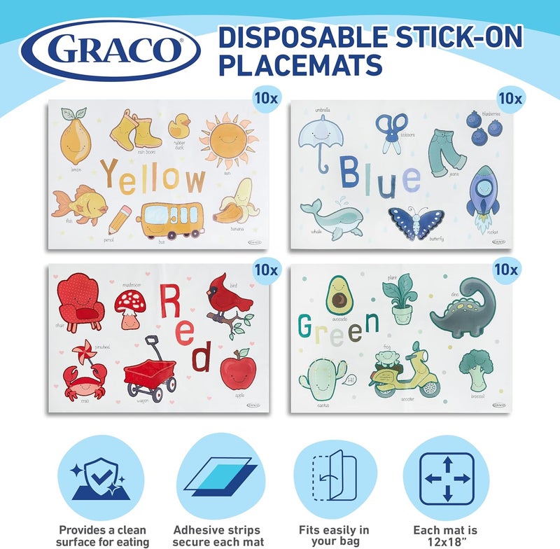 Graco Disposable Placemats - Convenient, Spill-Proof, Easy-Clean Mats for Meals and Travel - 40 Pcs Set, Assorted - Image 2